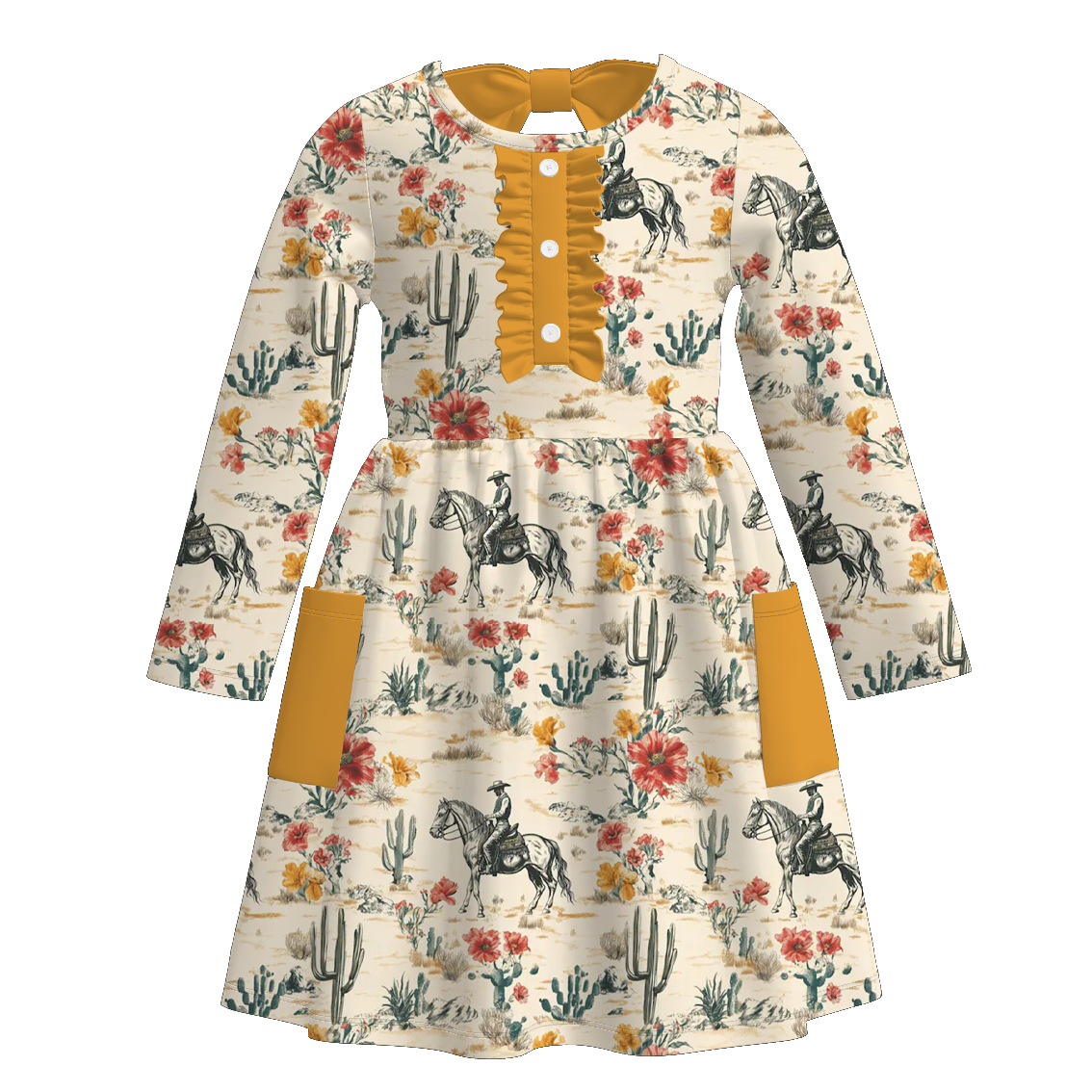 (Pre Order)Girls Fall Western Cowboy Print Dress with Pockets&Set