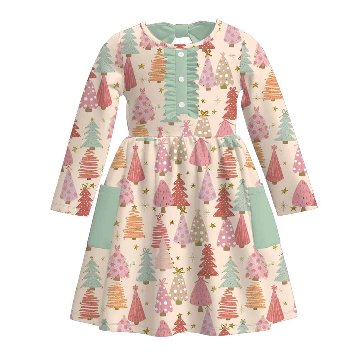 (Pre Order)Girls Christmas Tree Print Dress with Pockets
