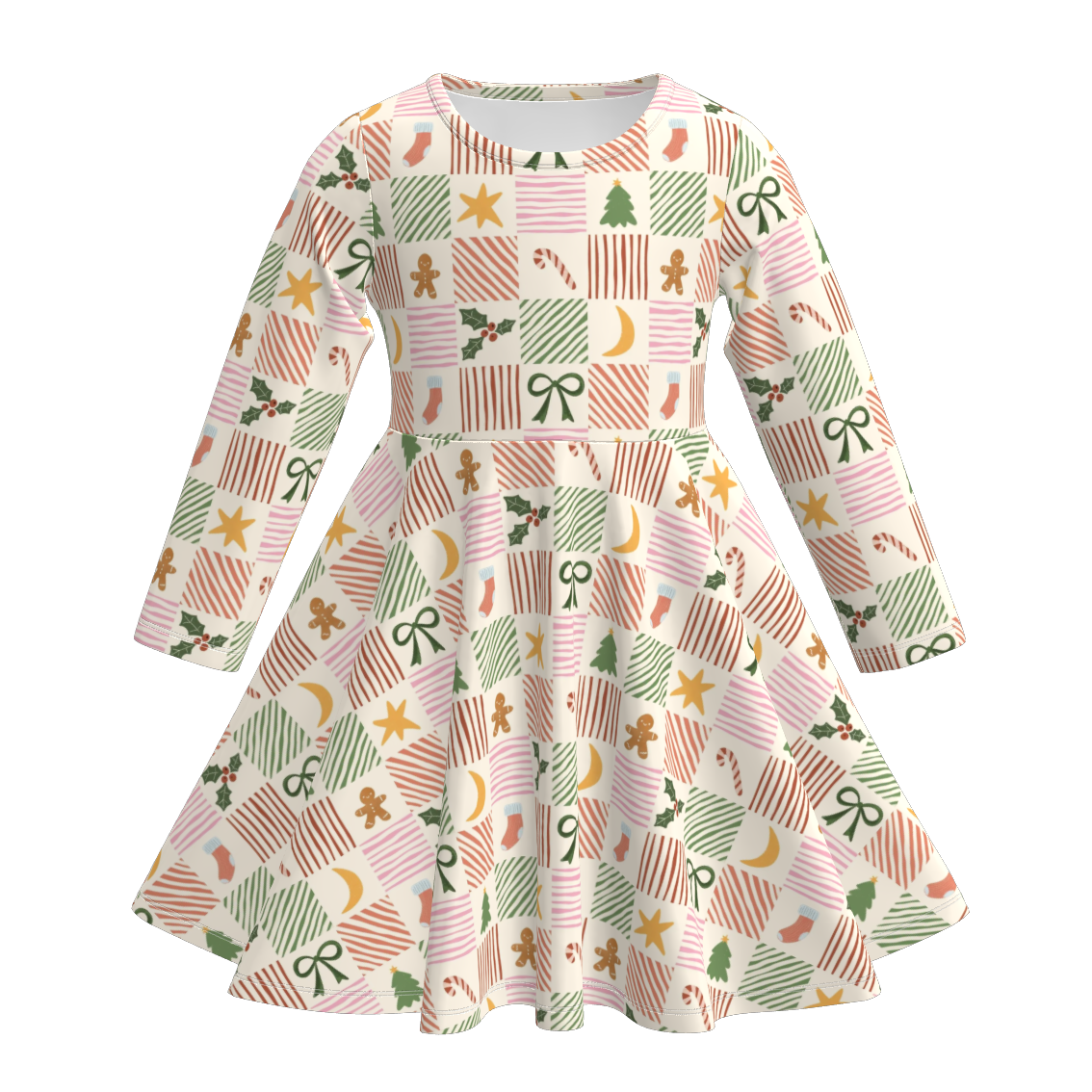 (Pre Order)Girls Christmas Plaid Print Long Sleeves Dress