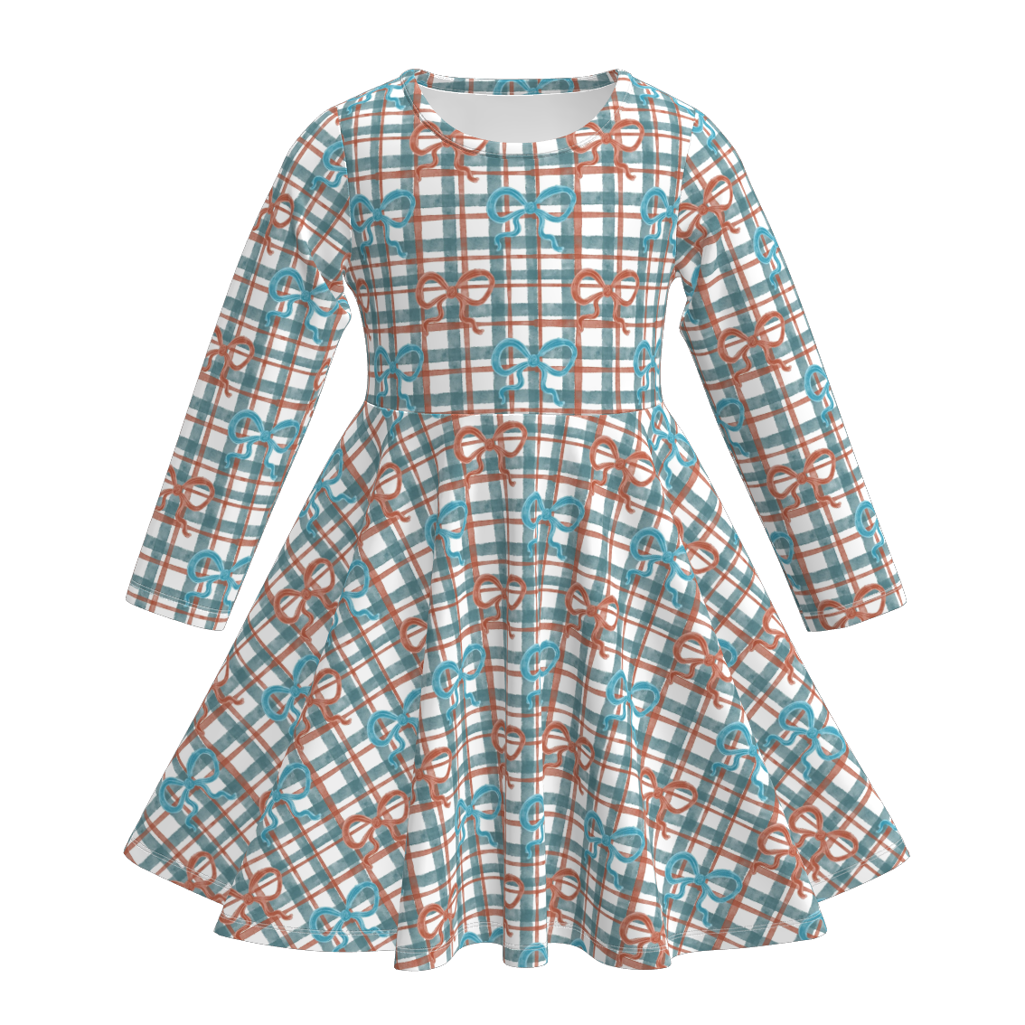 (Pre Order)Girls Christmas Plaid Print Long Sleeves Dress