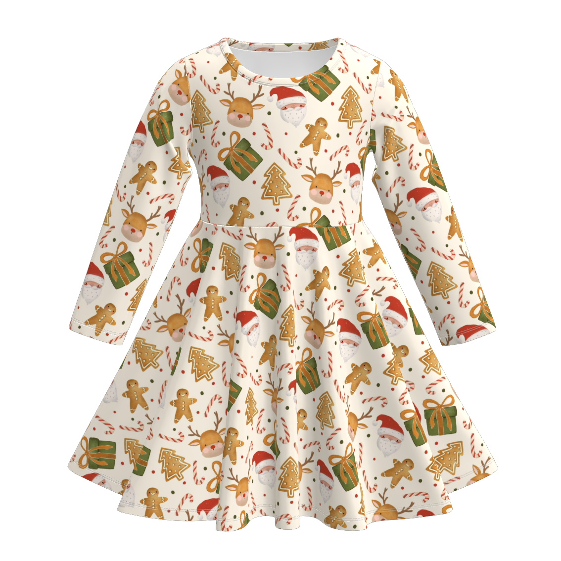 (Pre Order)Girls Christmas Bow Print Long Sleeves Dress