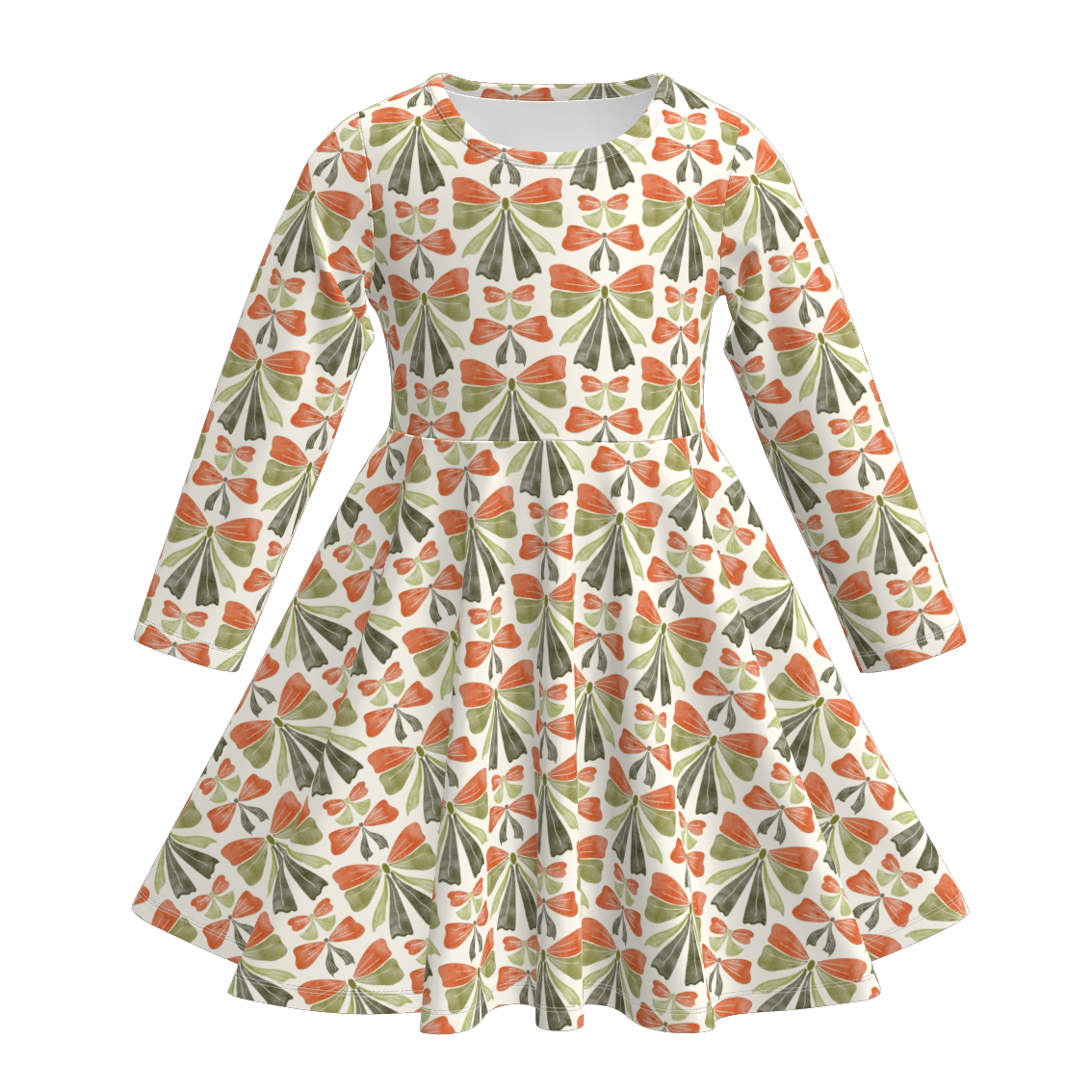 (Pre Order)Girls Christmas Bow Print Long Sleeves Dress