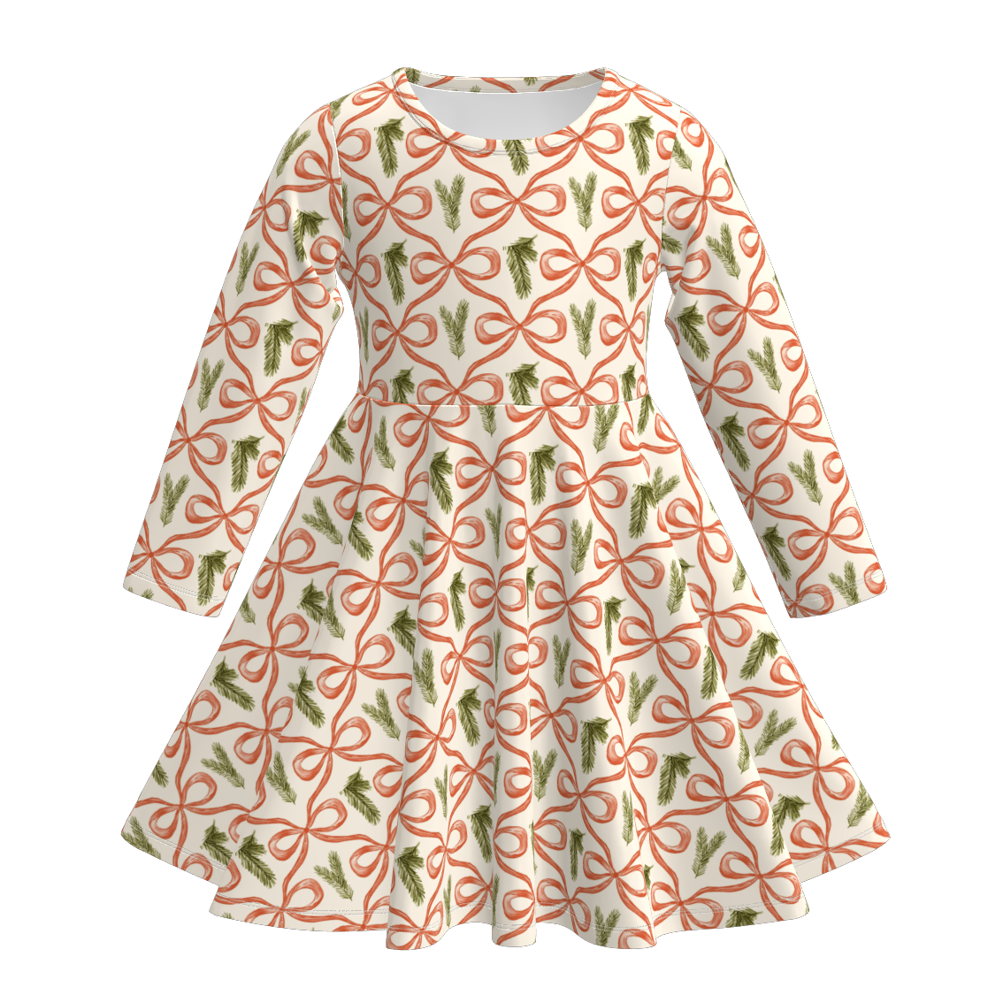 (Pre Order)Girls Christmas Bow Print Long Sleeves Dress