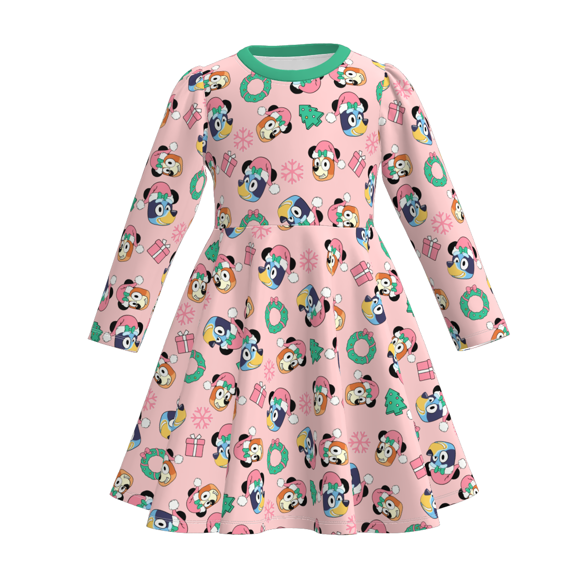 (Pre Order)Girls Christmas Blue Dog Print Long Sleeves Dress