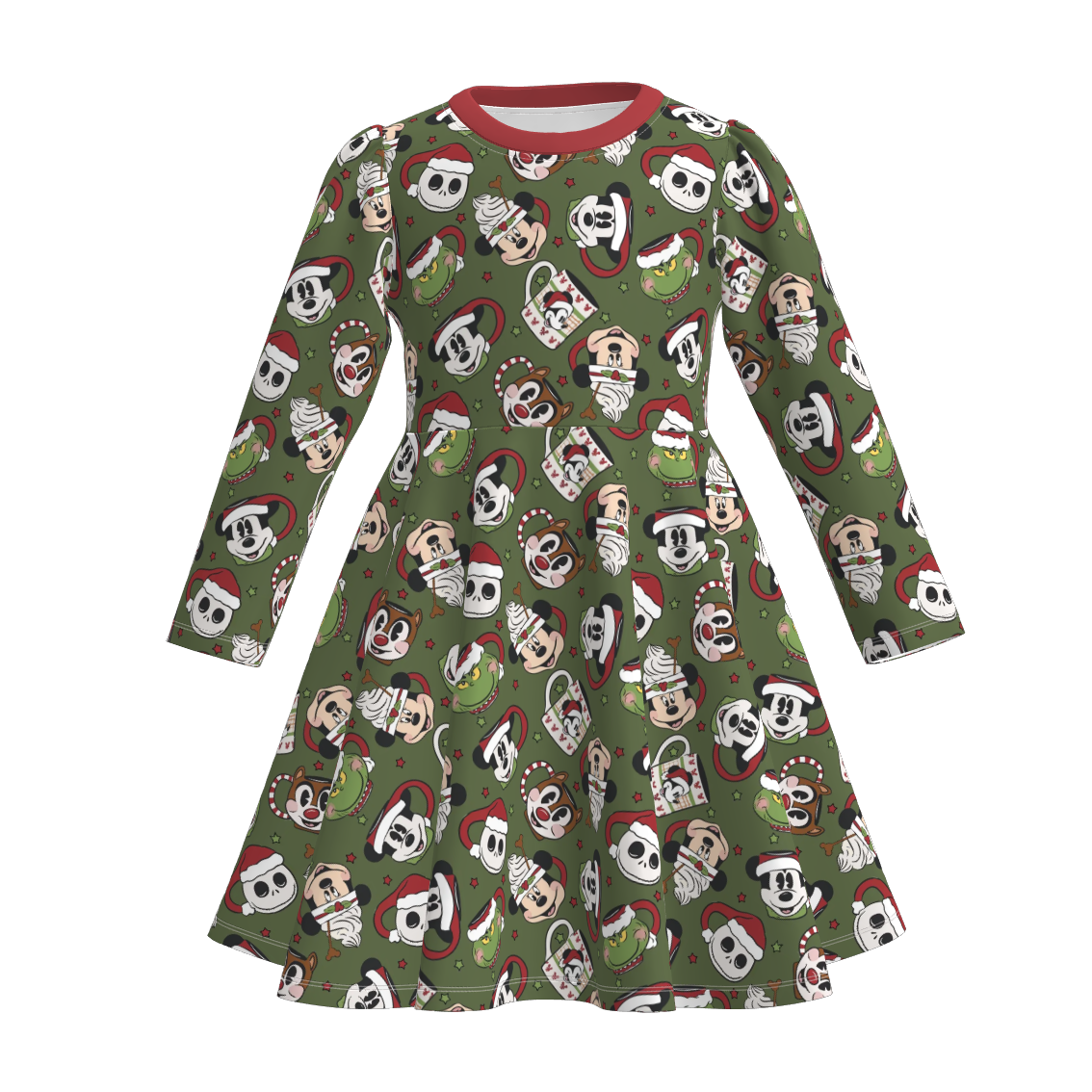 (Pre Order)Girls Christmas Blue Dog Print Long Sleeves Dress