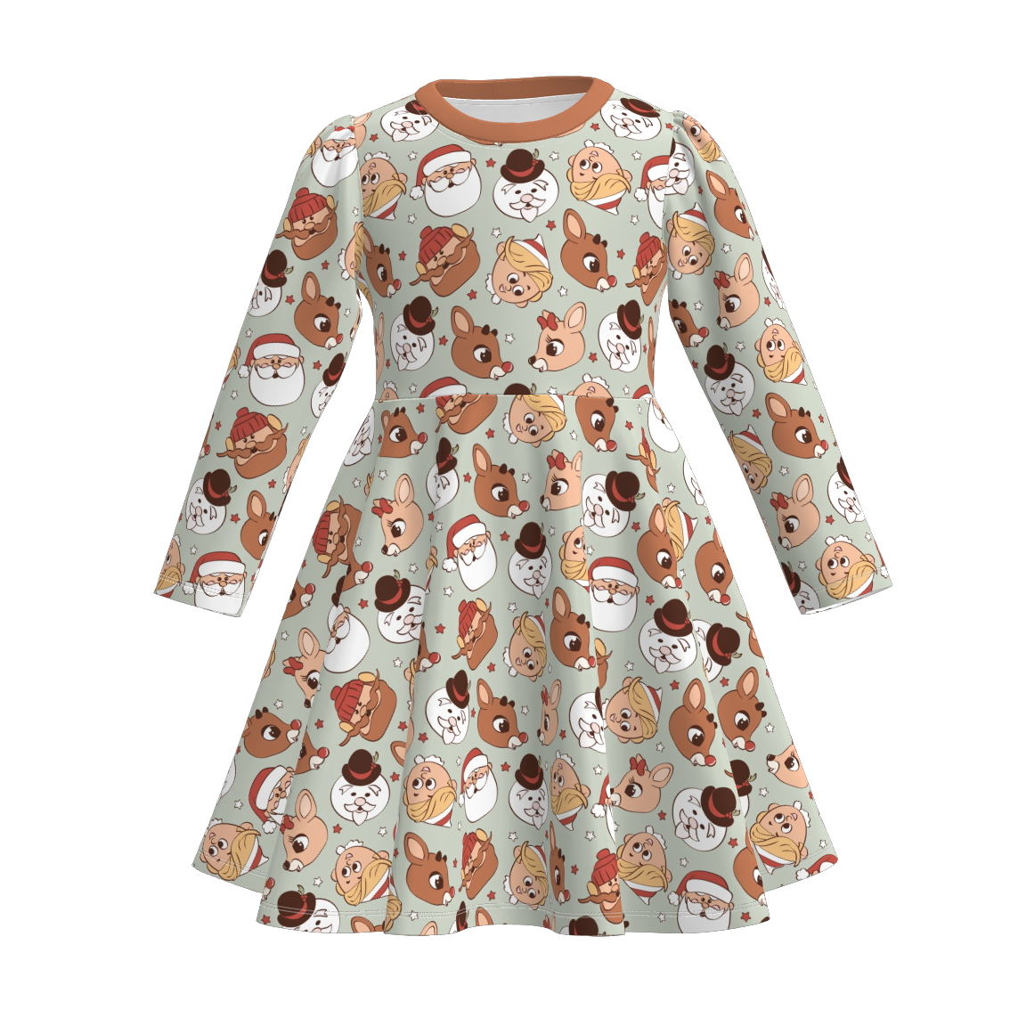 (Pre Order)Girls Christmas Blue Dog Print Long Sleeves Dress