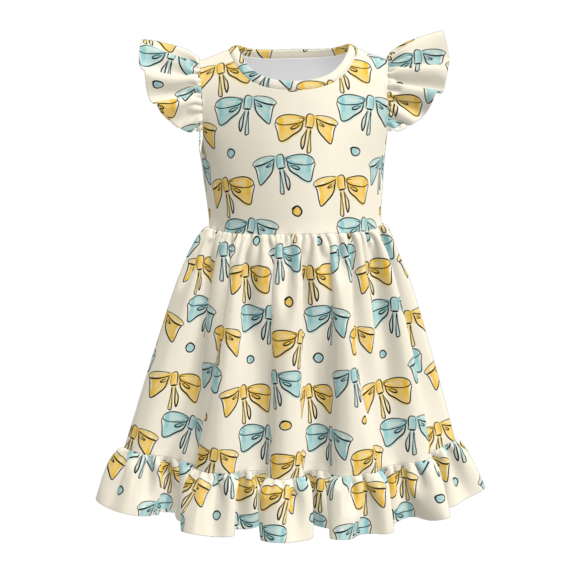 (Pre Order)Girls Fall Bow&Pumpkin Print Flying Sleeves Dress
