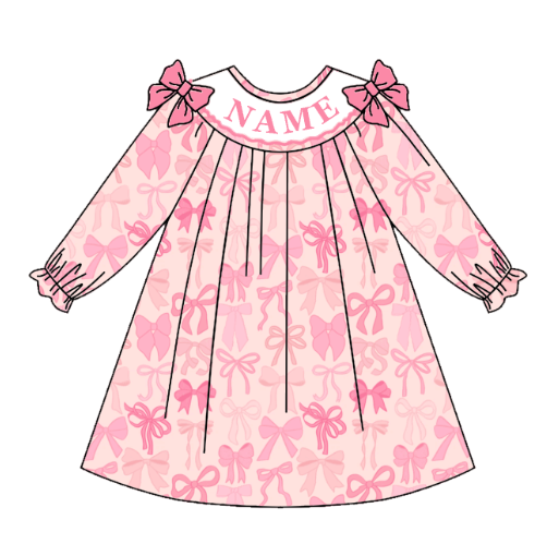 (Pre Order)Sisters Fall Pink Bow Embroidery Smocked Dress&Romper