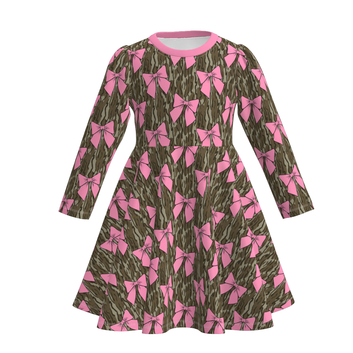 (Pre Order)Girls Fall Bow Print Long Sleeves Dress