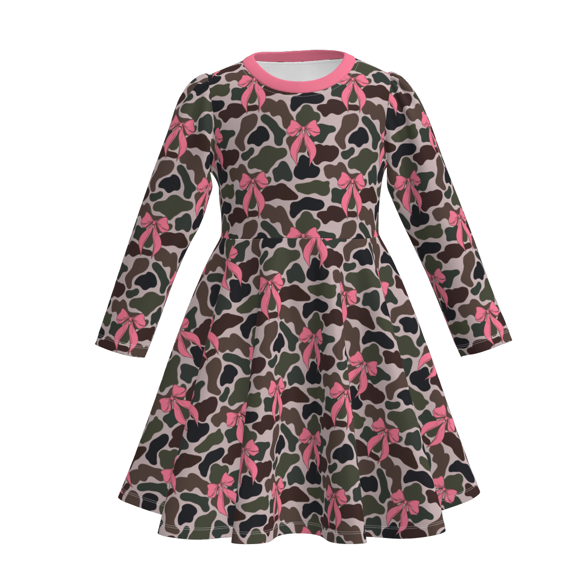 (Pre Order)Girls Fall Bow Print Long Sleeves Dress