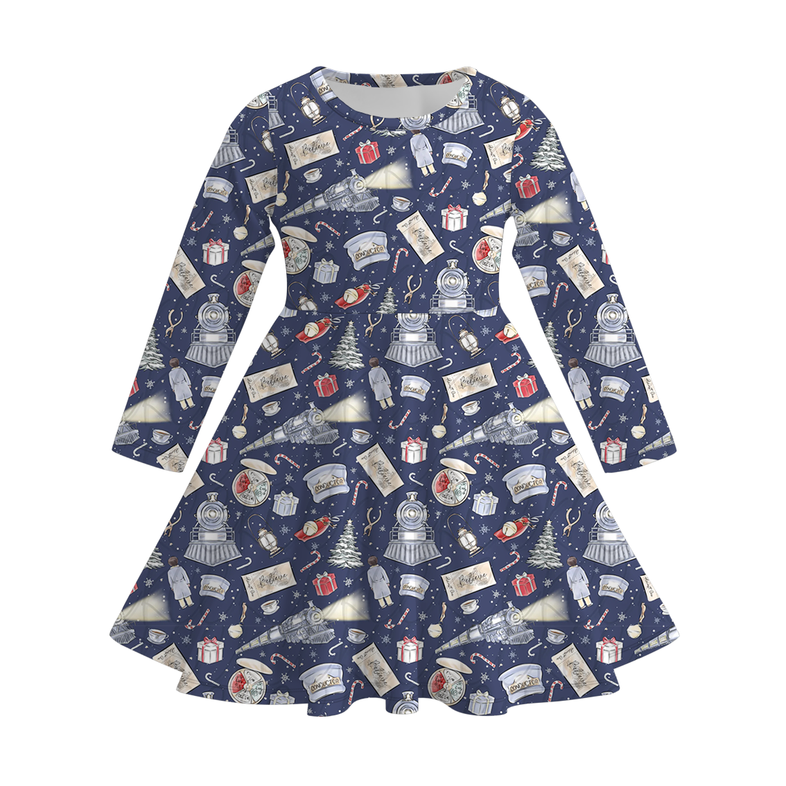 (Pre Order)Girls Christmas Print Long Sleeves Dress