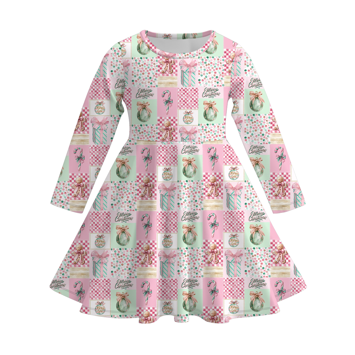 (Pre Order)Girls Christmas Print Long Sleeves Dress