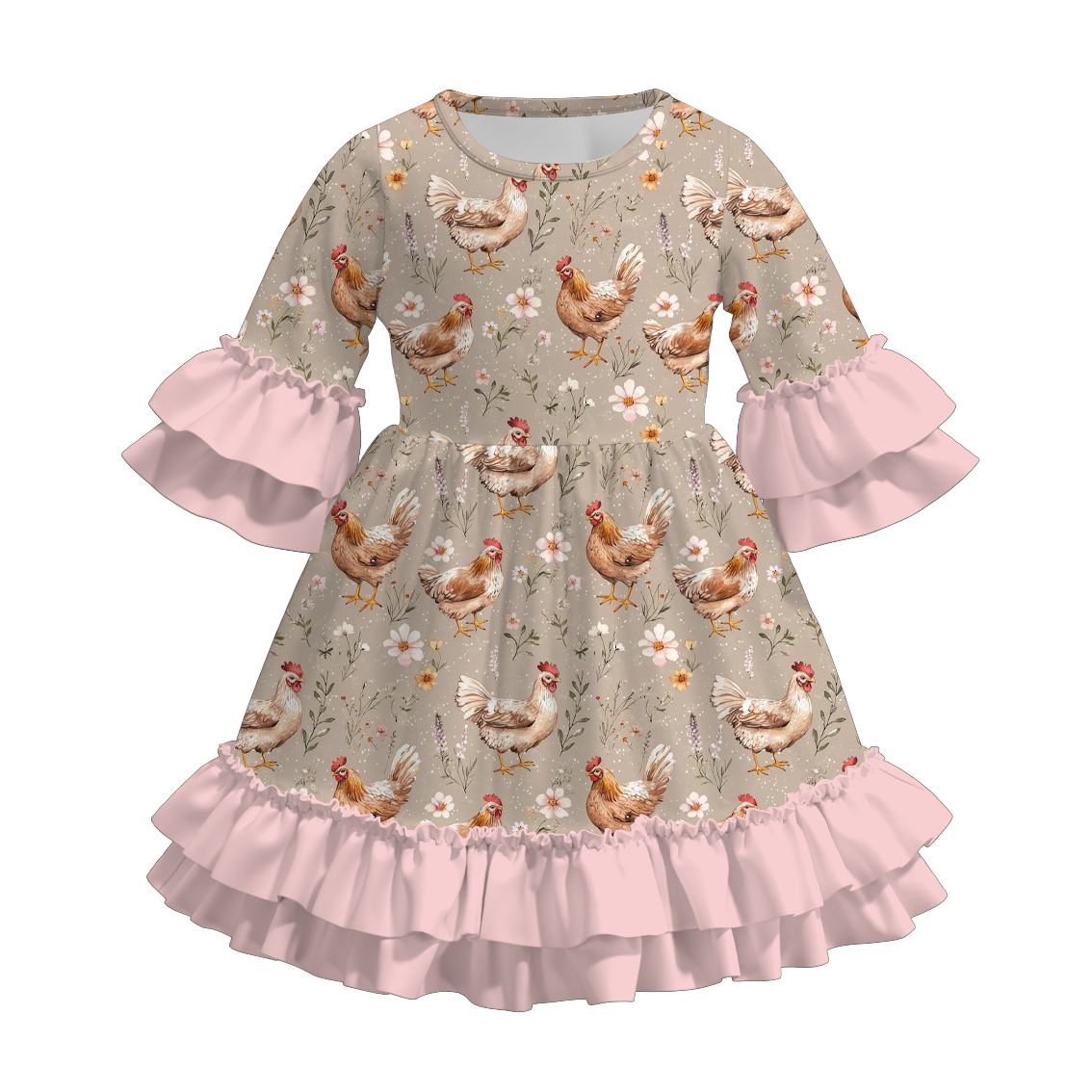 (Pre Order)Girls Fall Farm Chick&Boots Print Ruffle Dress