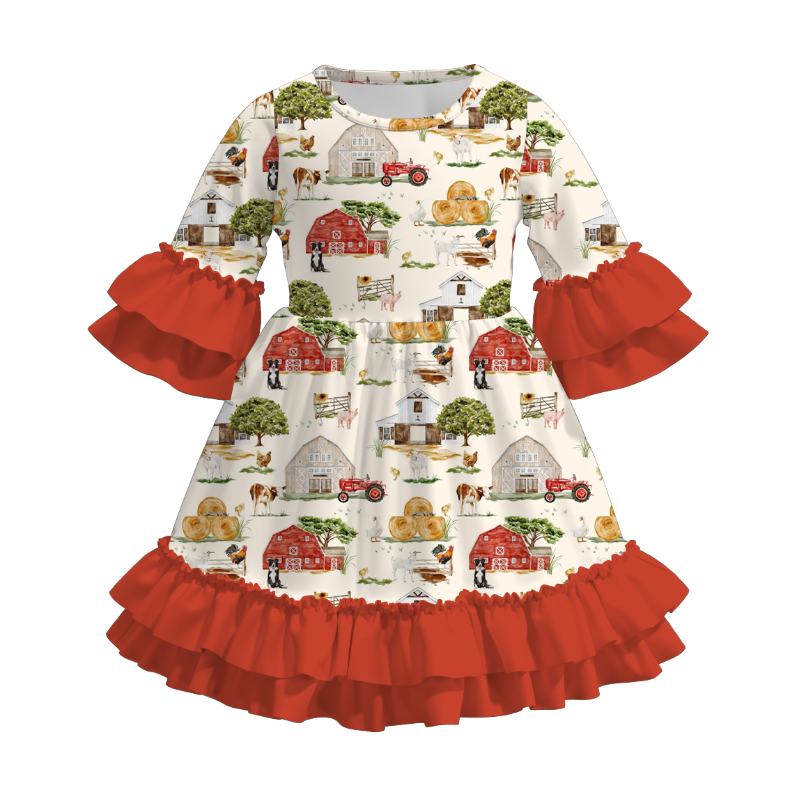 (Pre Order)Girls Fall Farm Chick&Boots Print Ruffle Dress