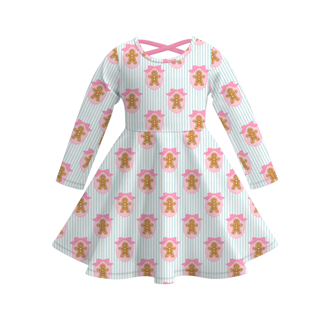 (Pre Order)Girls Christmas Bow&Gingerbread Print Dress,Set
