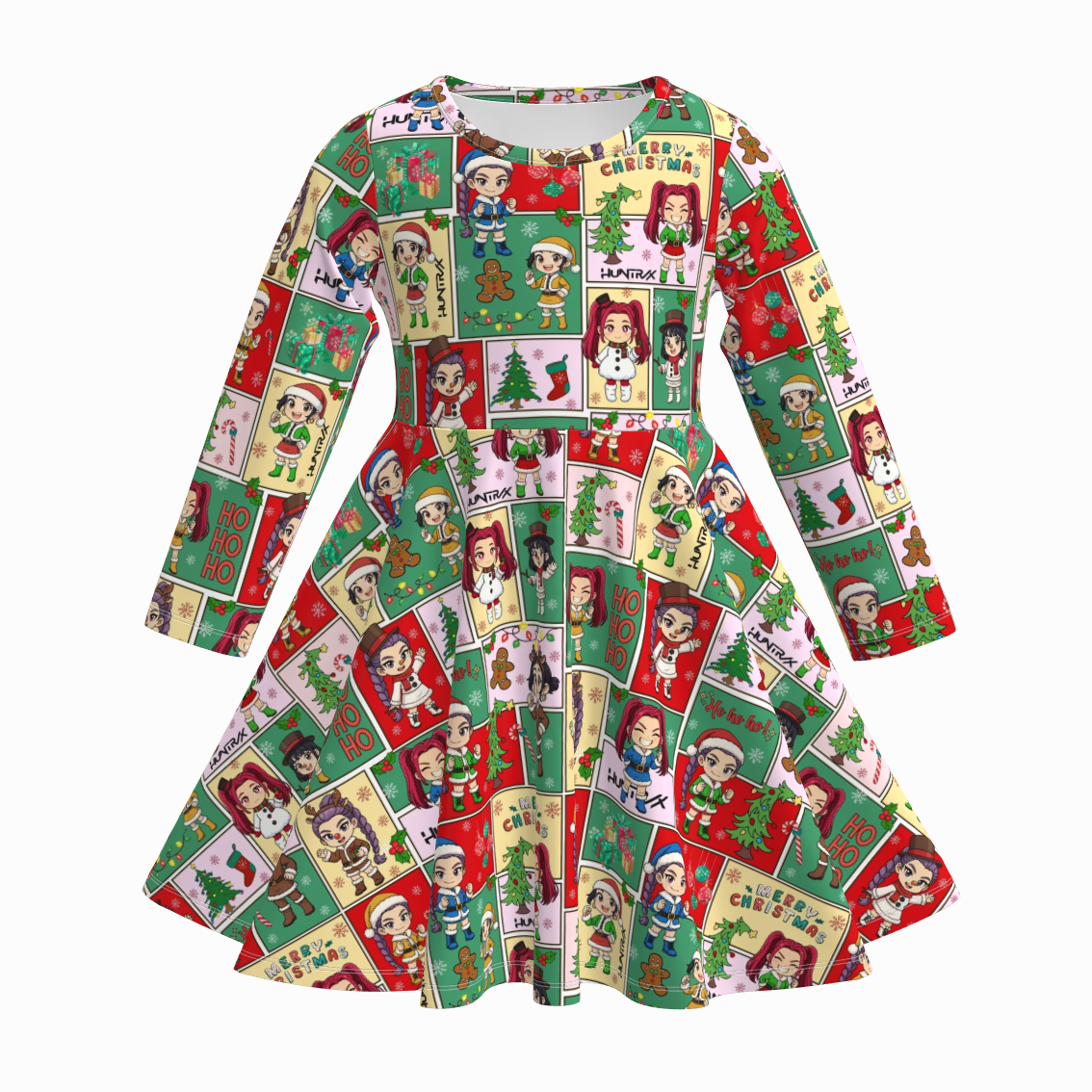 (Pre Order)Girls Christmas Cartoon Print Long Sleeves Dress