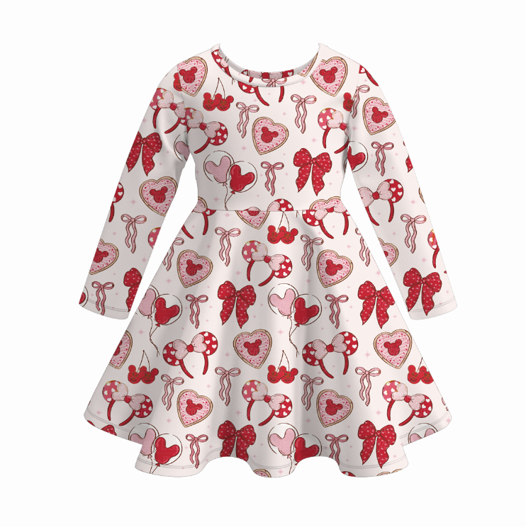 (Pre Order)Girls Valentine's Day Bow&Cartoon Print Dress