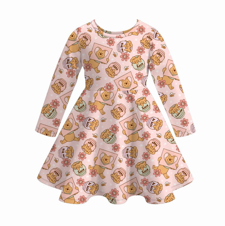 (Pre Order)Girls Valentine's Day Bow&Cartoon Print Dress