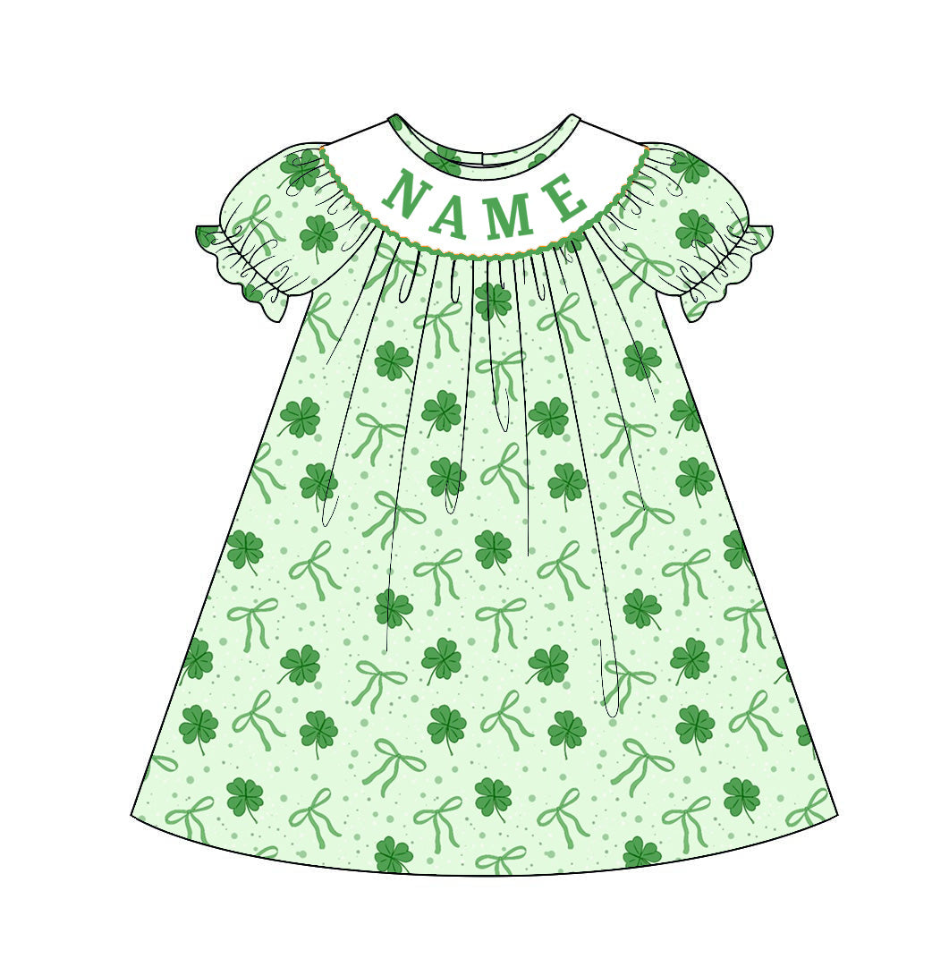 (Pre Order)Sisters St. Patrick's Day Shamrock Embroidery Smocked Dress&Romper