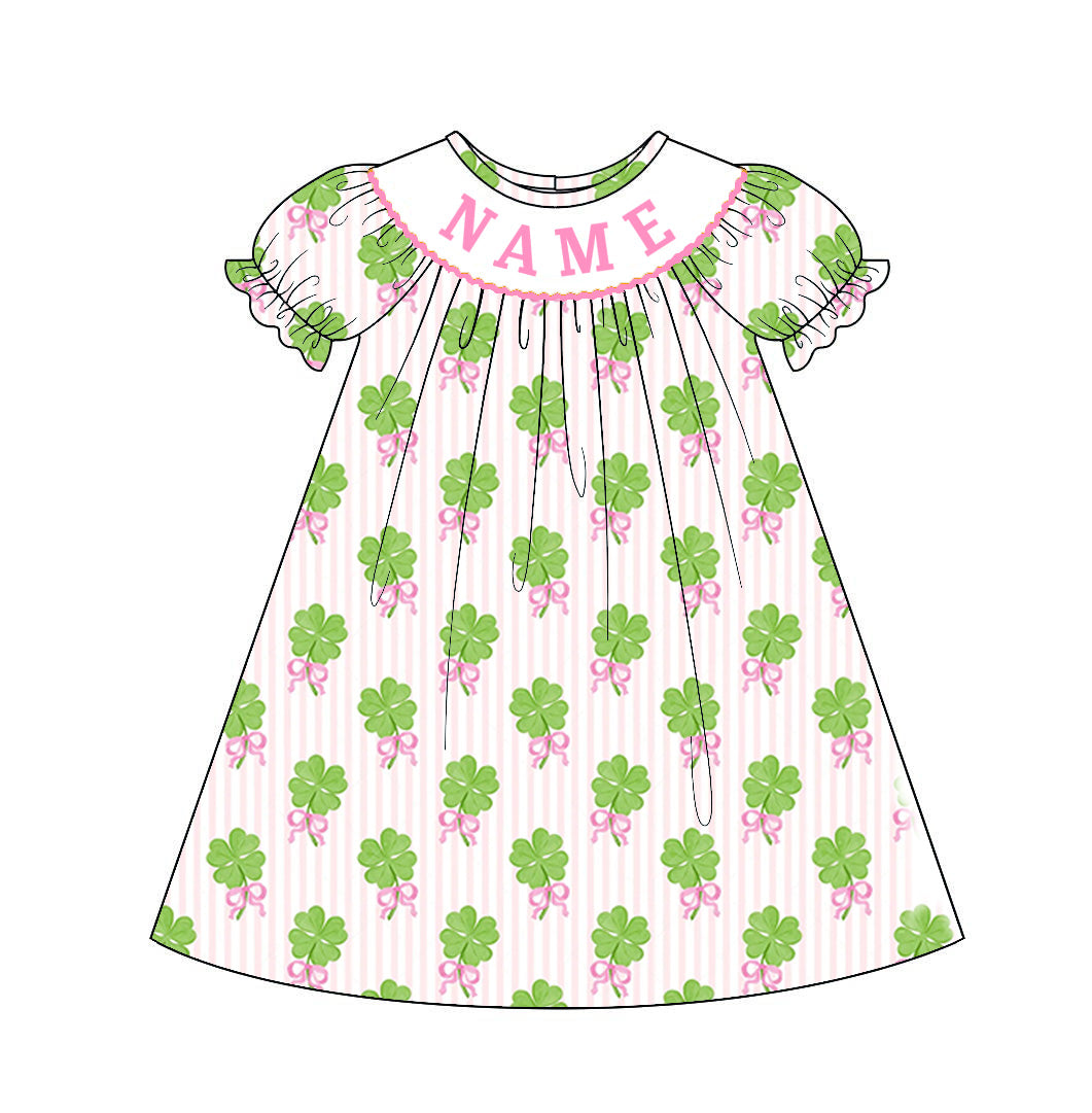 (Pre Order)Sisters St. Patrick's Day Shamrock Embroidery Smocked Dress&Romper