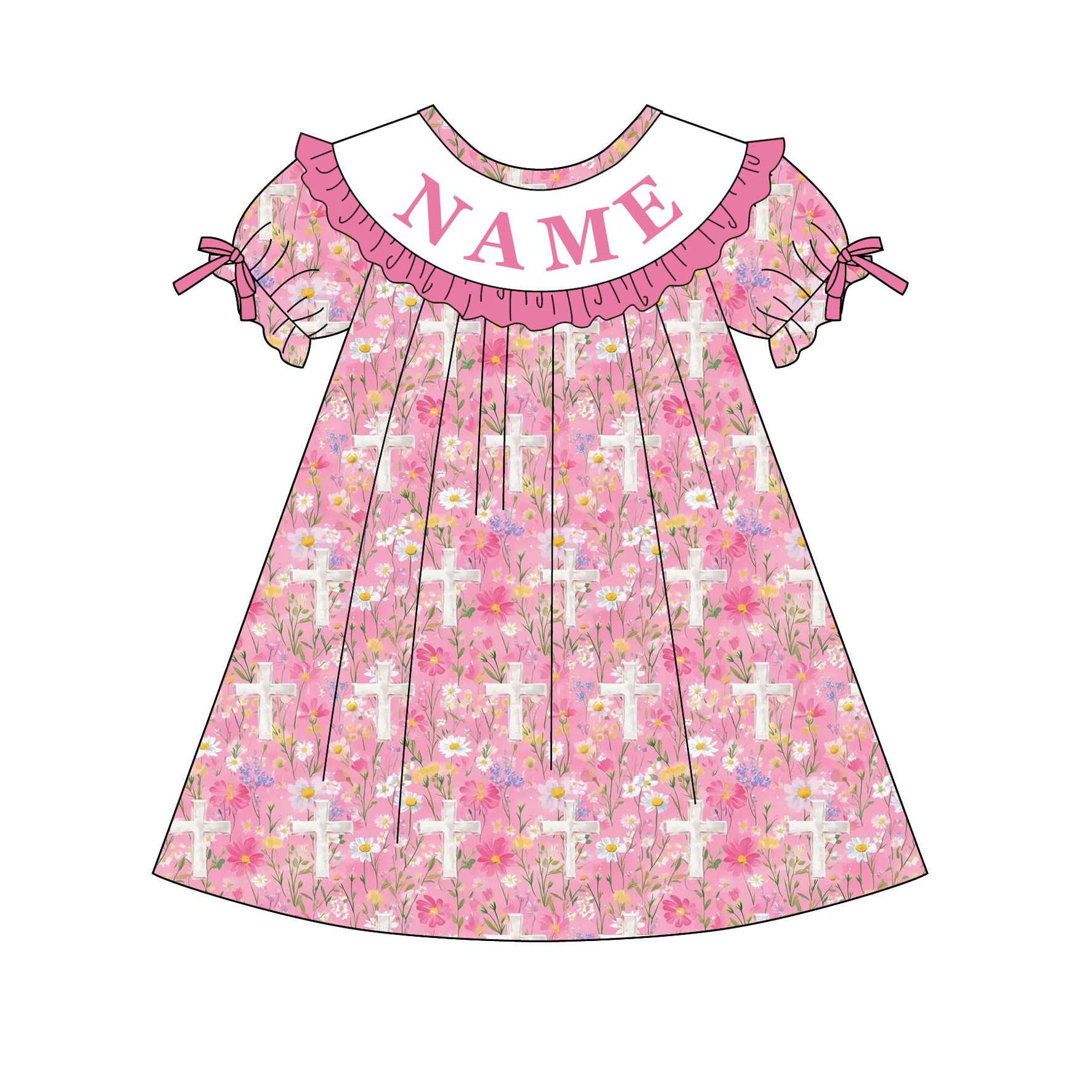 (Pre Order)Sisters Easter Cross Embroidery Smocked Dress&Romper - Customized name
