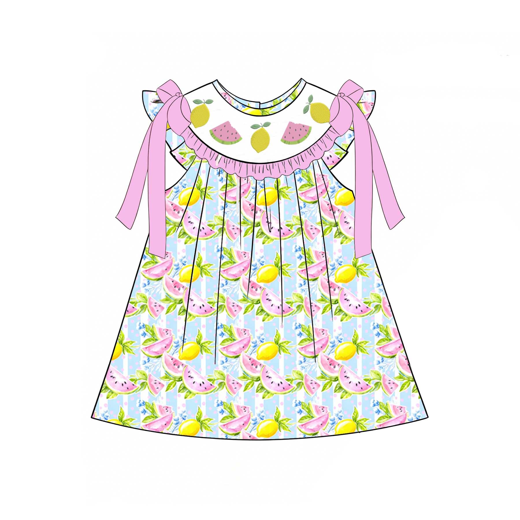 (Pre Order)Sisters Summer Watermelon&Lemon Embroidery Smocked Dress&Romper-Customized Name