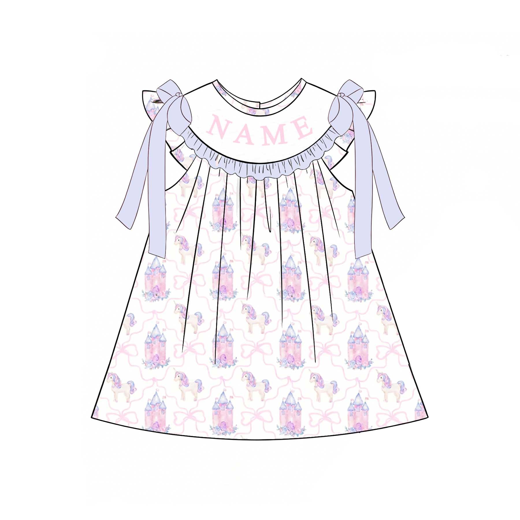 (Pre Order)Sisters Summer Unicorn Embroidery Smocked Dress&Romper-Customized Name