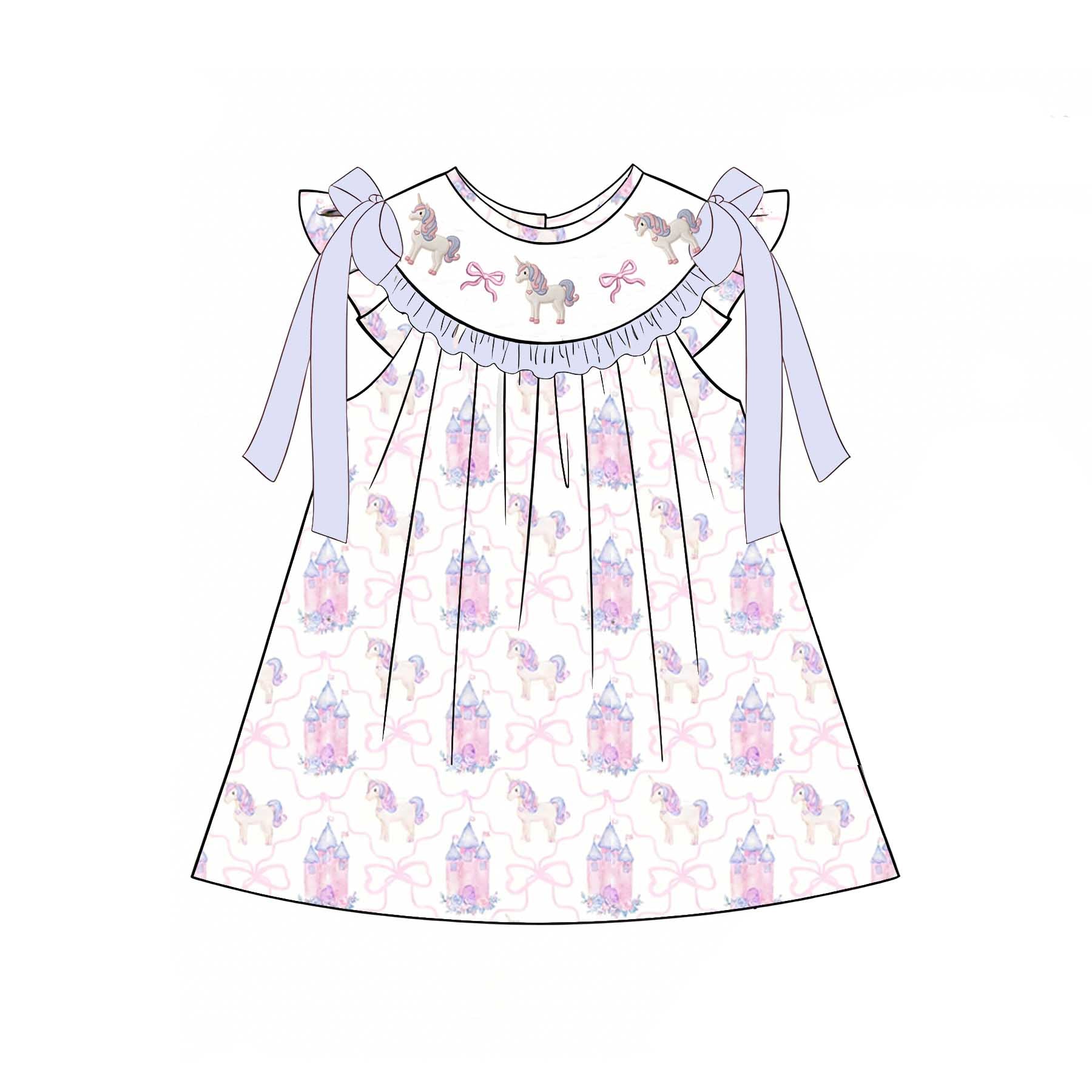 (Pre Order)Sisters Summer Unicorn Embroidery Smocked Dress&Romper-Customized Name