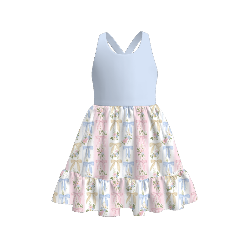 (Pre Order)Girls Spring&Summer Bow,Floral Print Dress