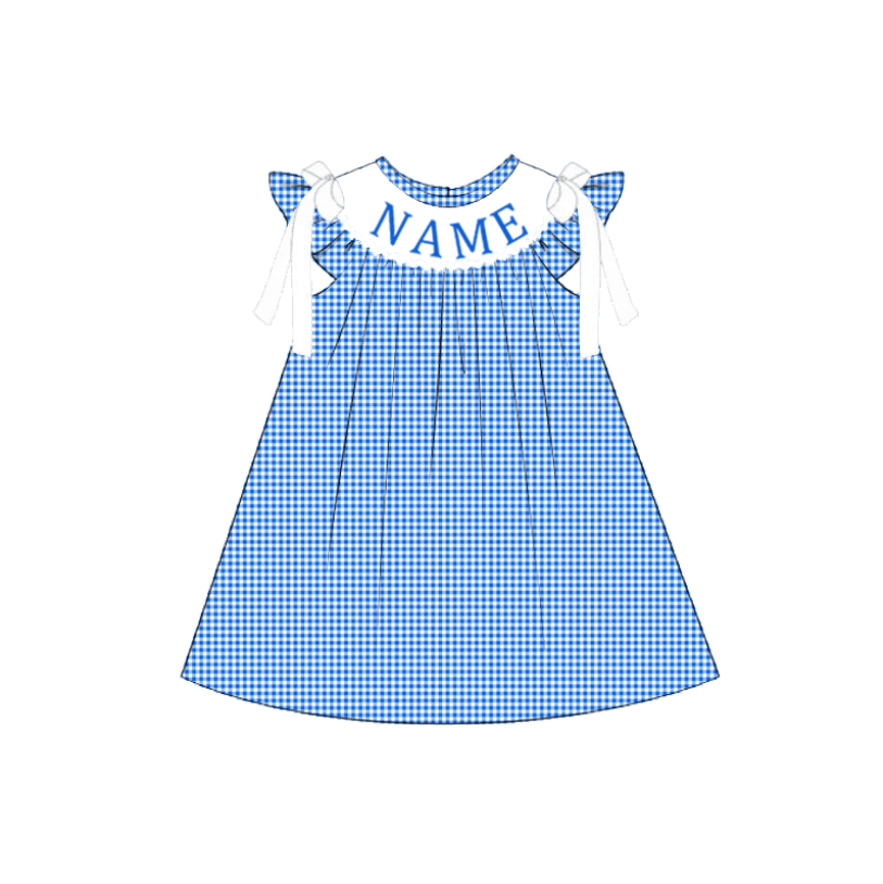 (Pre Order)Siblings Spring&Summer Blue Plaid Embroidery Smocked Dress,Set&Romper-Customized name