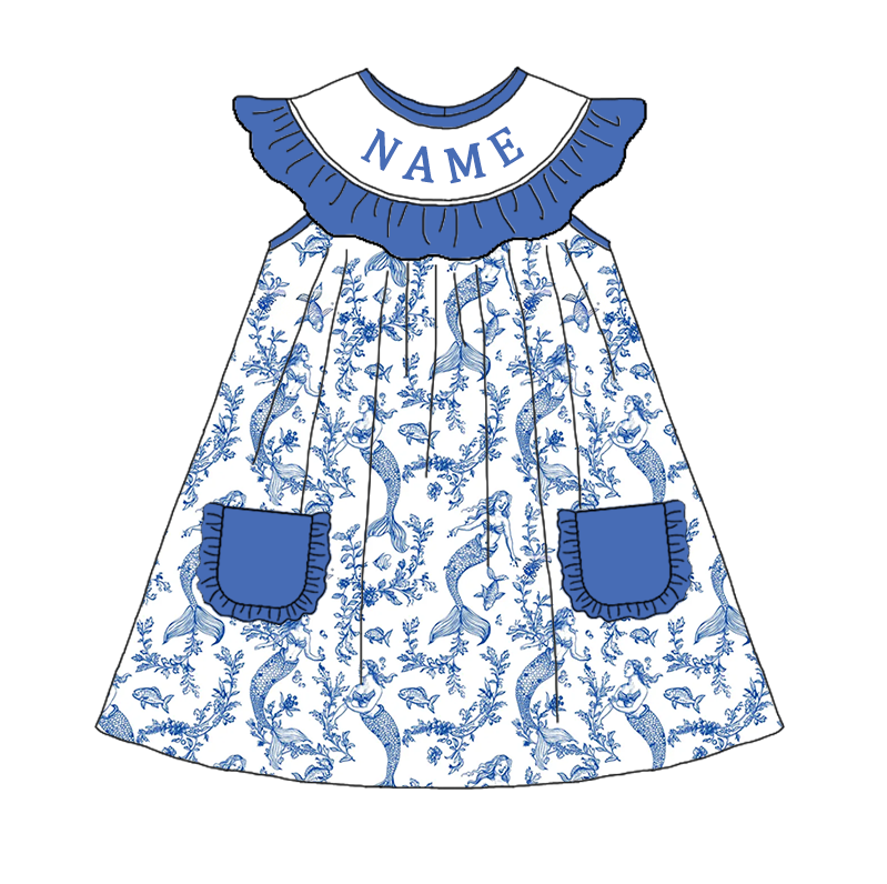 (Pre Order)Sisters Spring&Summer Mermaid Embroidery Smocked Dress&Romper-Customized name