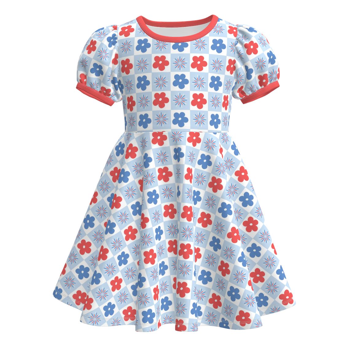 (Pre Order)Girls Patriotic Print Puff Sleeves Dress
