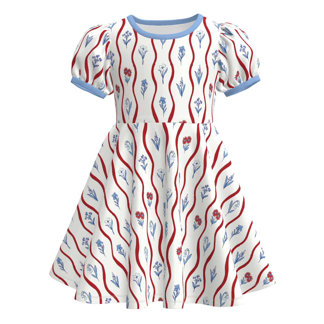 (Pre Order)Girls Patriotic Print Puff Sleeves Dress