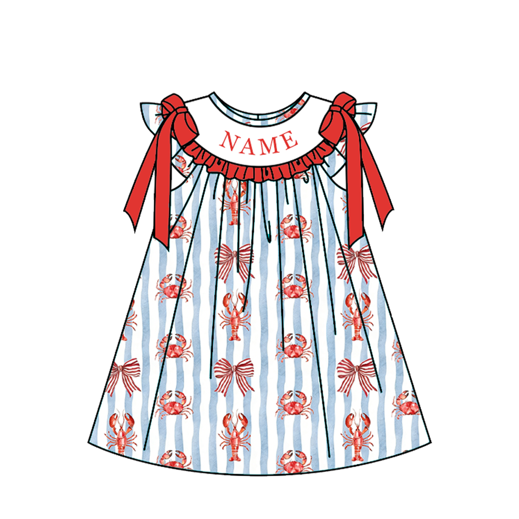 (Pre Order)Siblings Summer Lobster&Crab Embroidery Smocked Dress,Set&Romper-Customized name