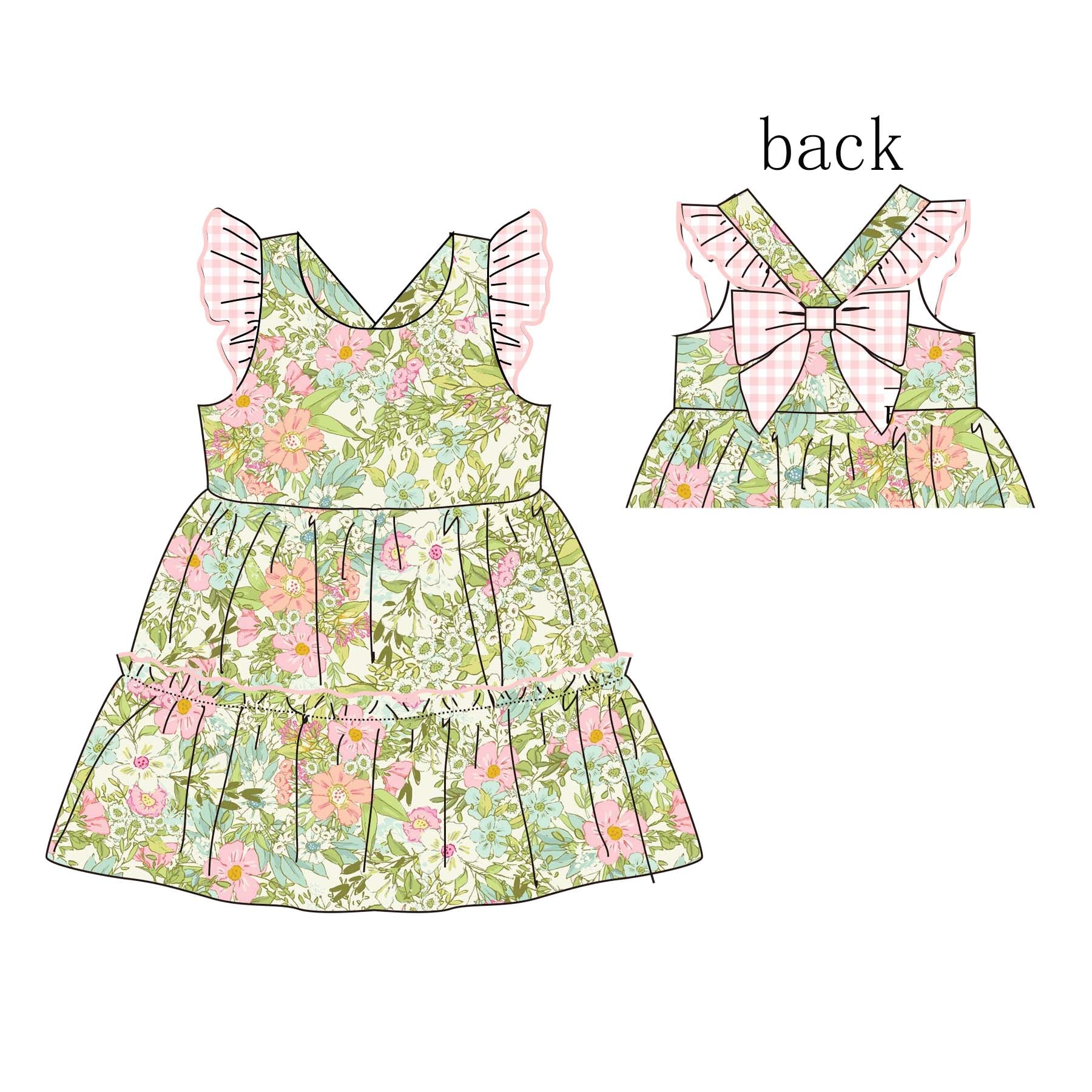 (Pre Order)Girls Spring&Summer Floral Print Flying Sleeves Dress