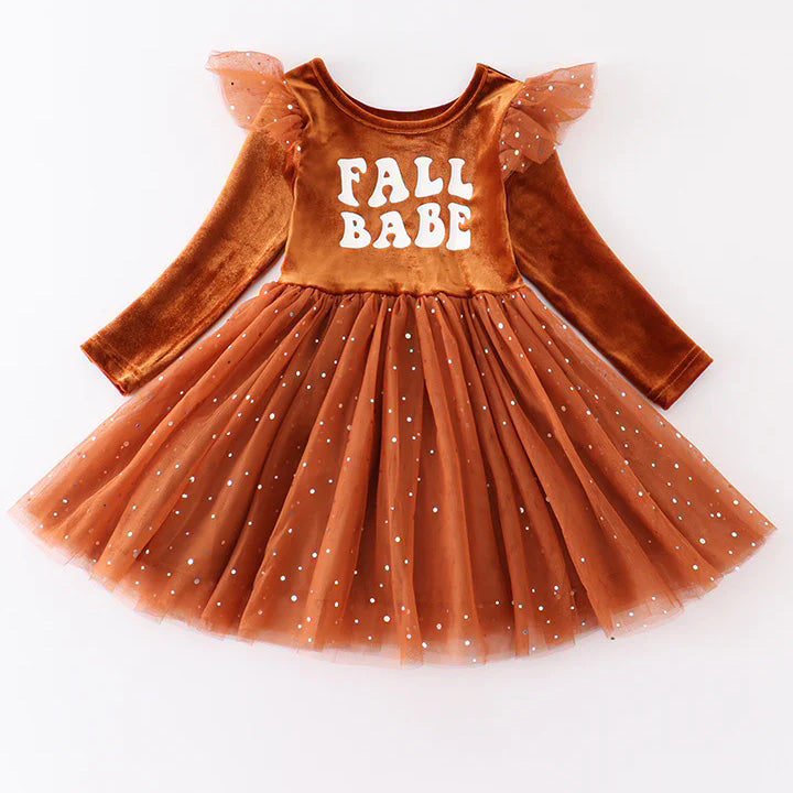 (In Stock E21-1-1)Fall Girls Brown Velvet Gauze Dress