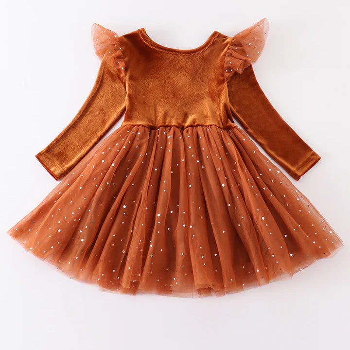 (In Stock E21-1-1)Fall Girls Brown Velvet Gauze Dress