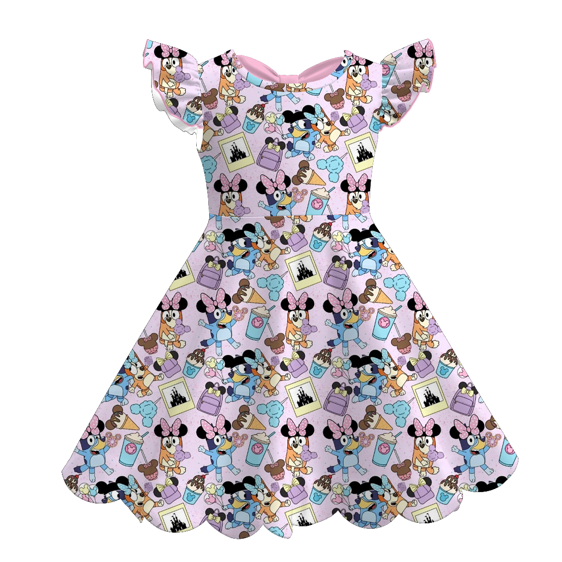 (Pre Order+Prepack Zone)Girls Summer Cartoon Print Scallop Dress