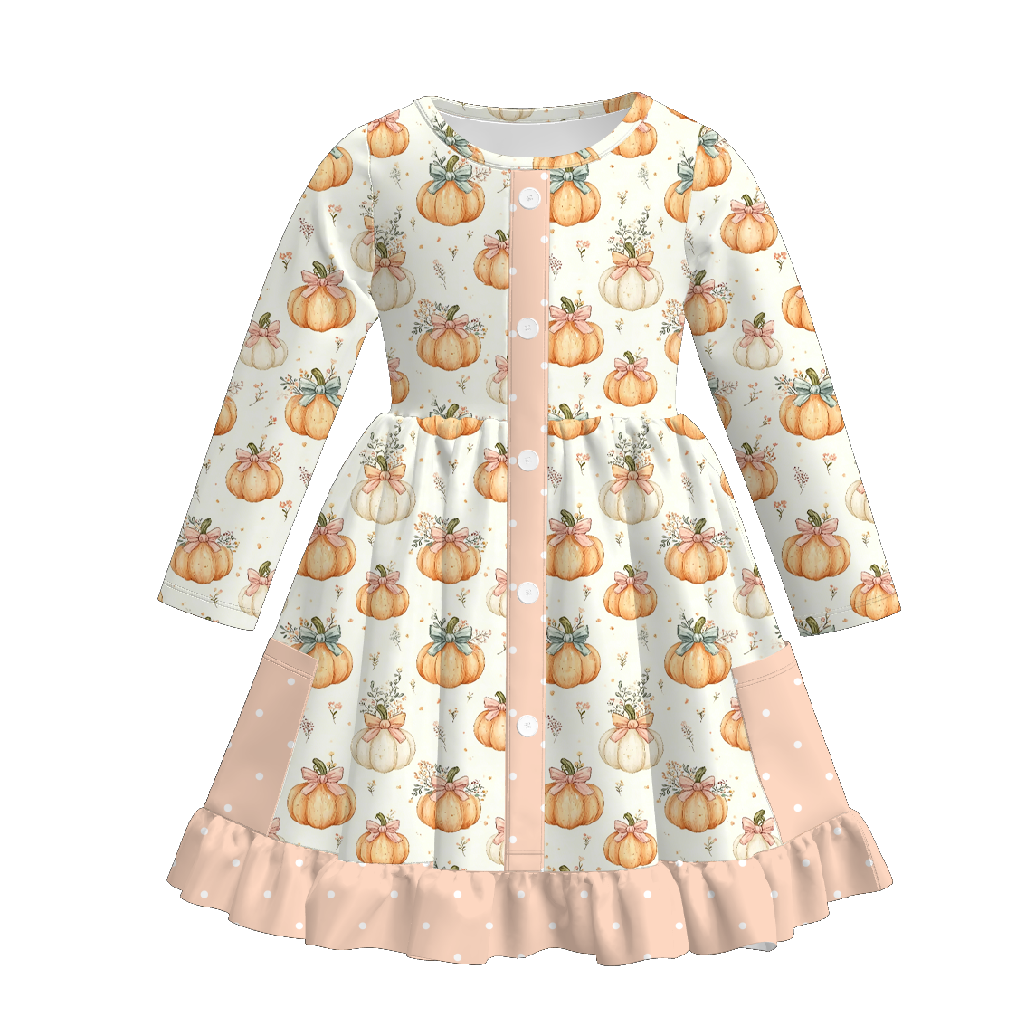 (Pre Order+Prepack Zone)Girls Fall Pumpkin Print Ruffle Dress