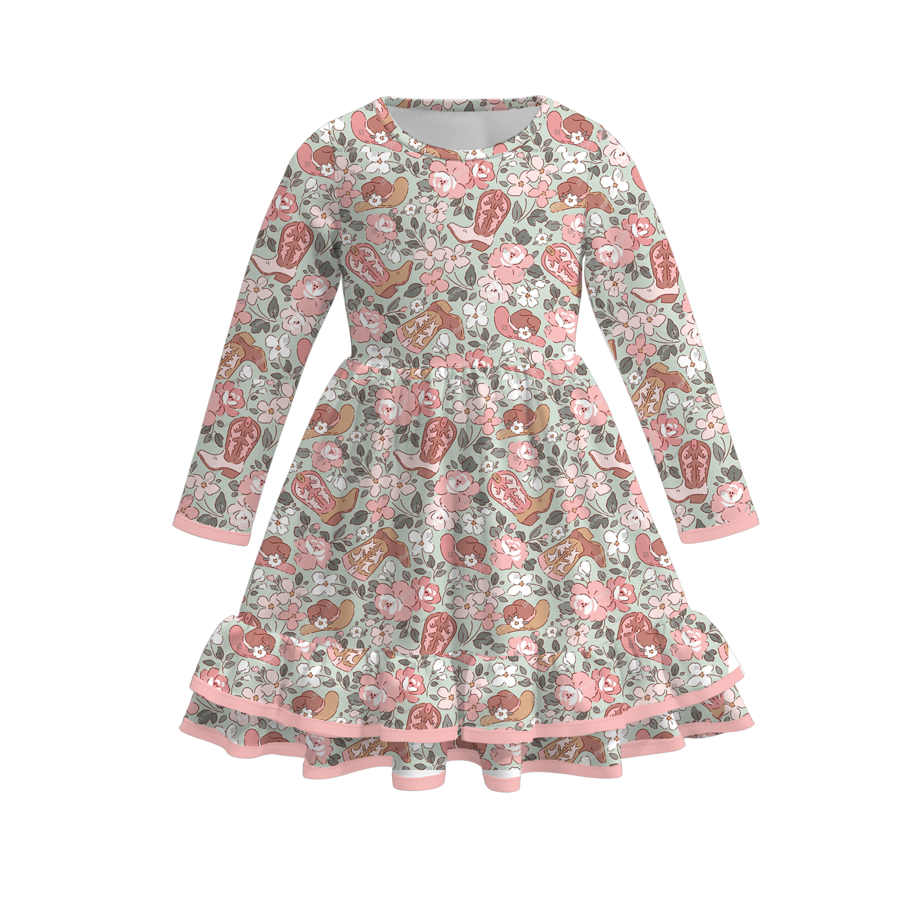 (Pre Order)Girls Christmas Print Ruffle Dress