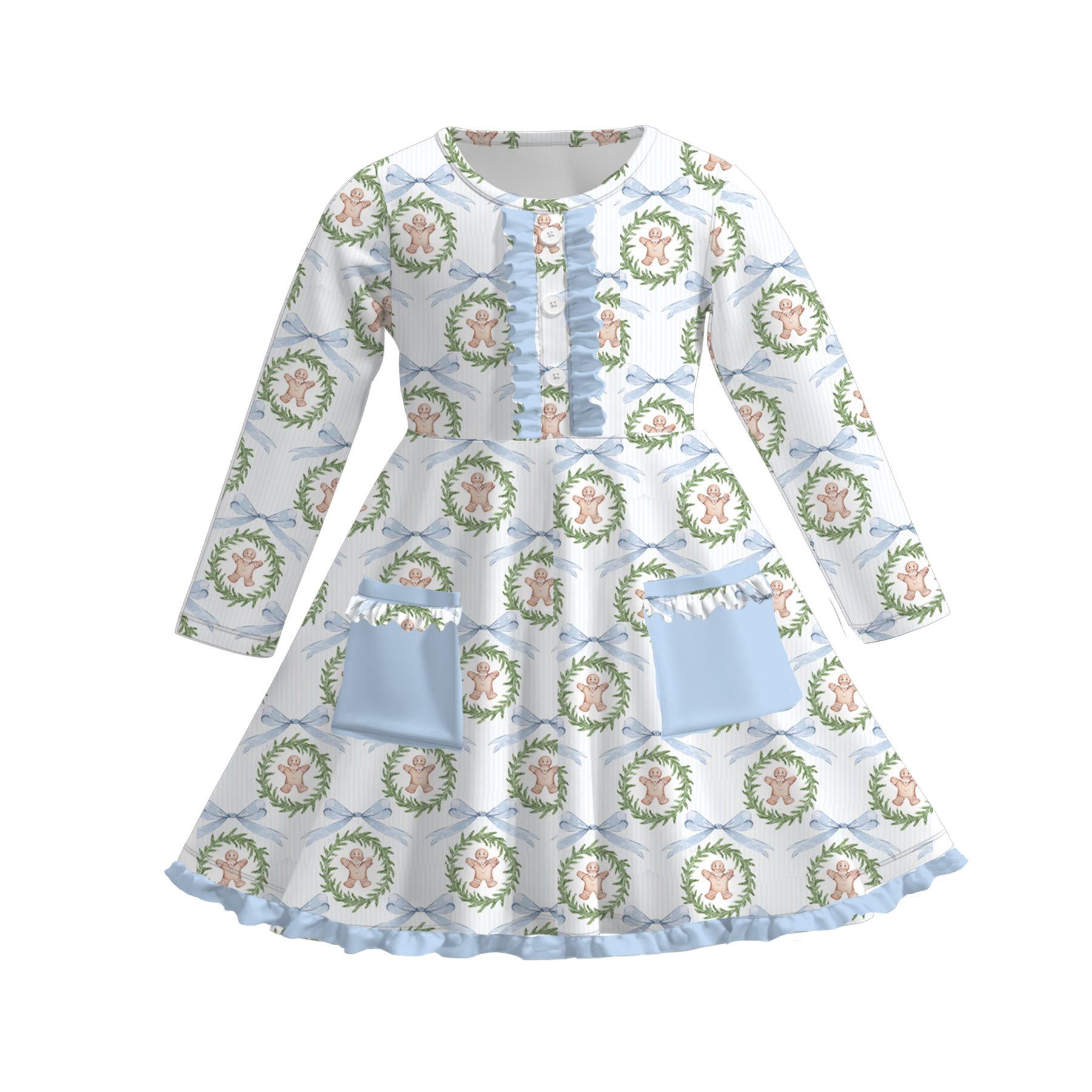 (Pre Order)Girls Christmas Print Dress with Pockets