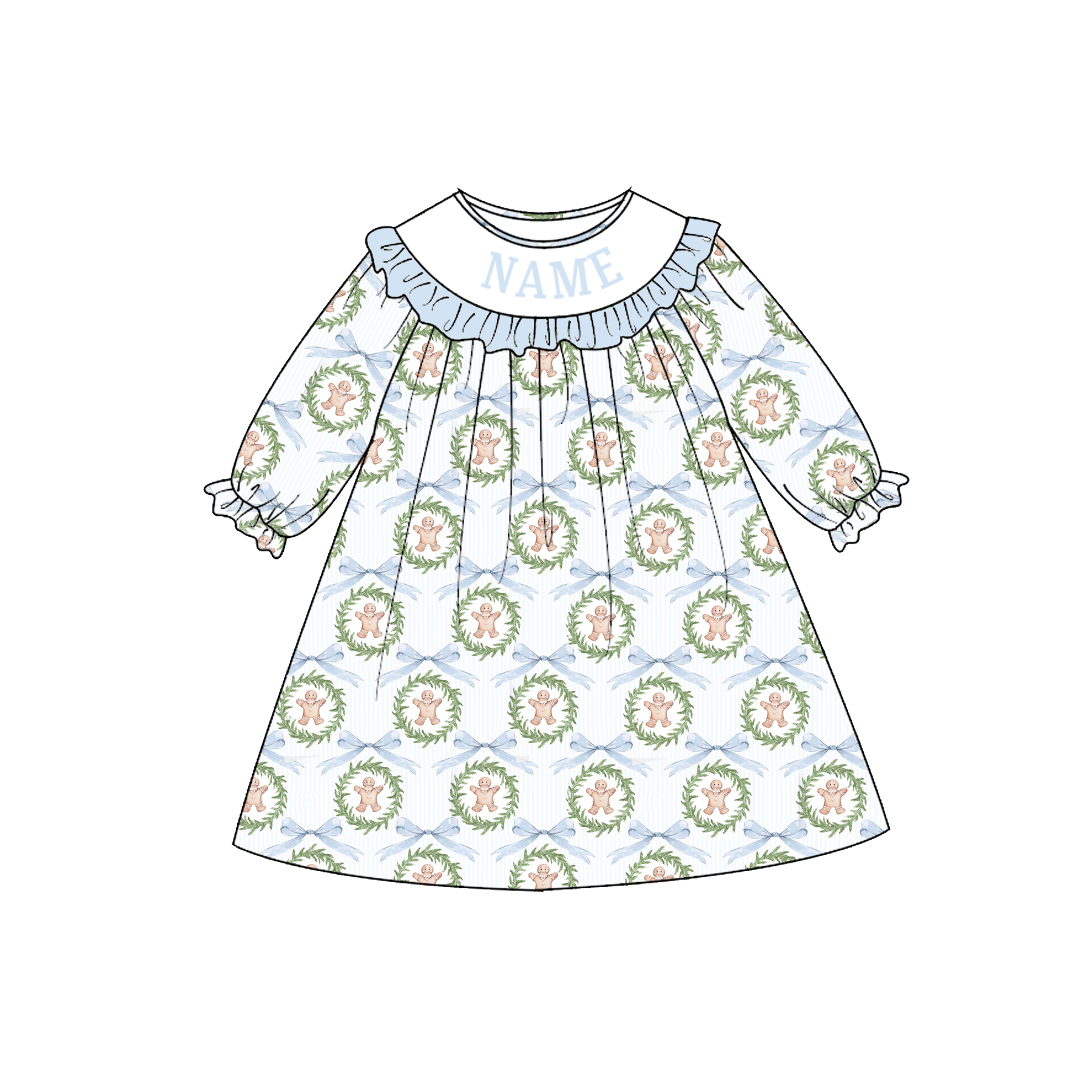 (Pre Order)Girls Christmas Gingerbread Embroidery Smocked Dress&Romper-Customized name