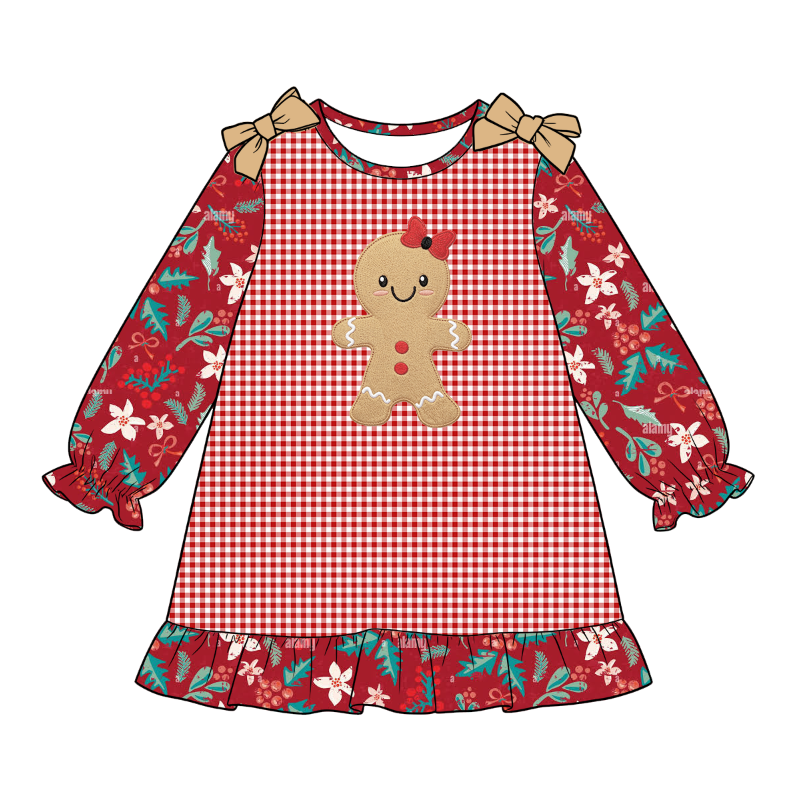 (Pre Order)Girls Christmas Gingerbread Applique Dress&Romper