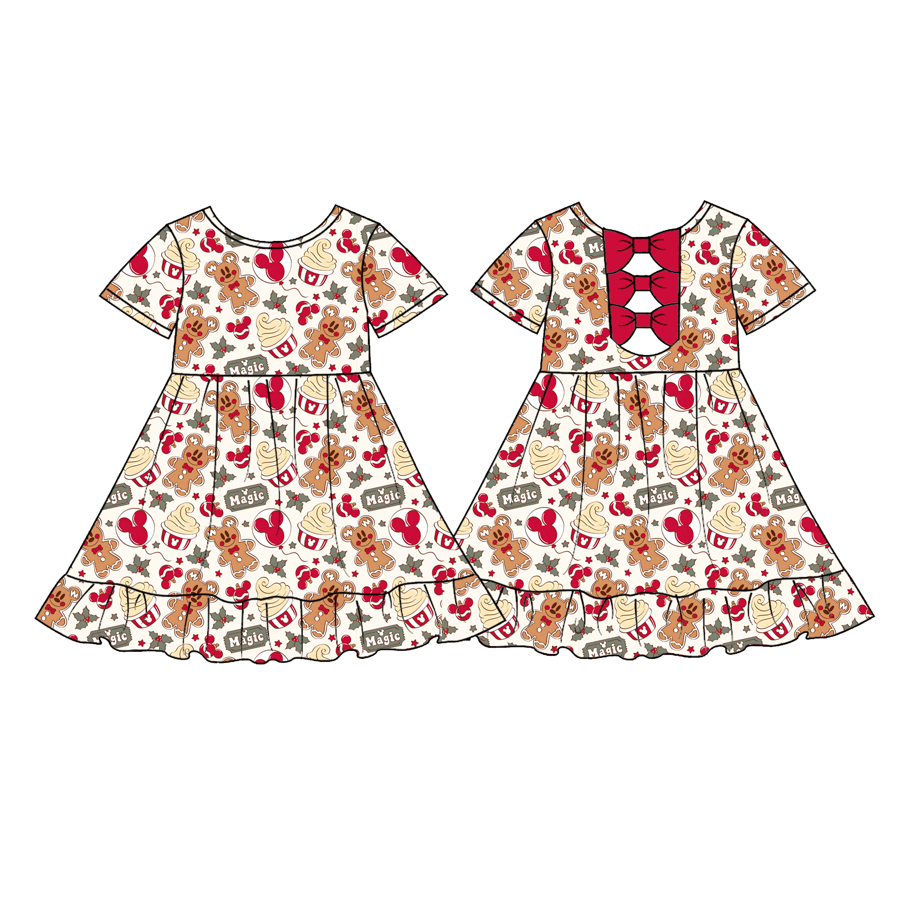 (Weekly Pre-Order)Girls Christmas Cartoon Ruffle Bow Dress(Ends 9.13)