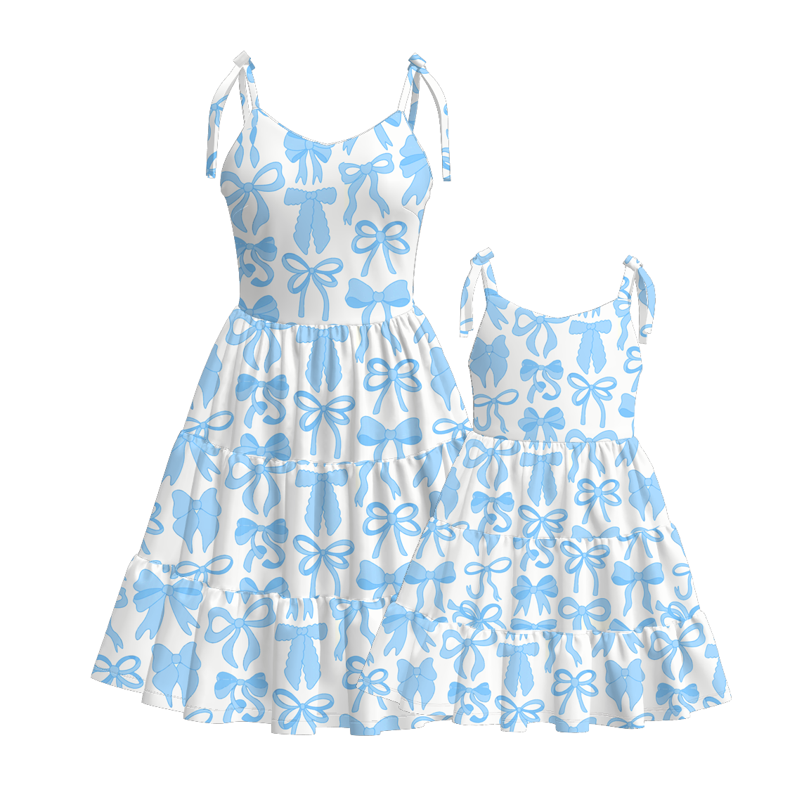 (Pre Order)Mommy and Me Summer Blue Bow Print Dress,Set&Romper