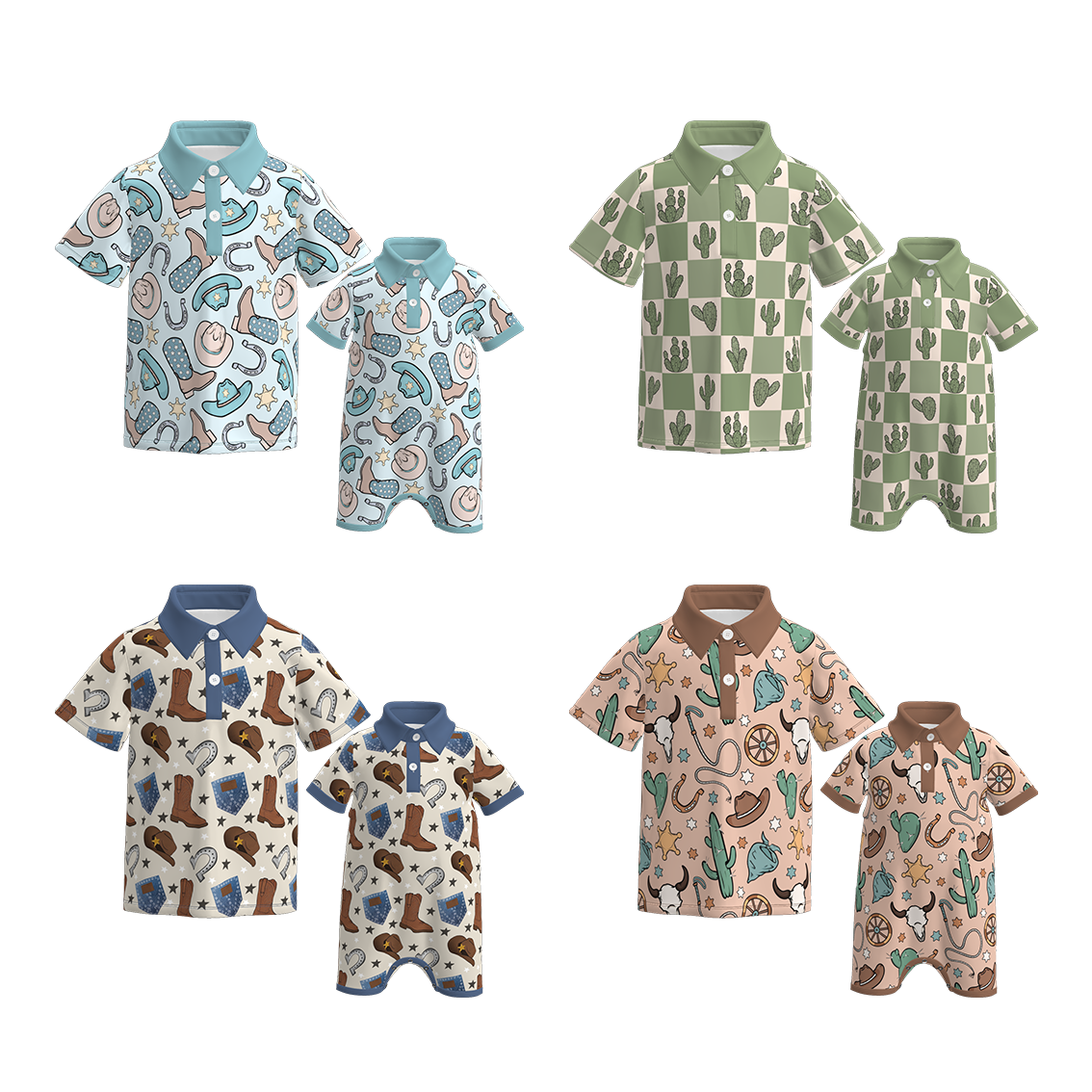 (Pre Order)Brothers Spring and Summer Cowboy Print Romper&Top