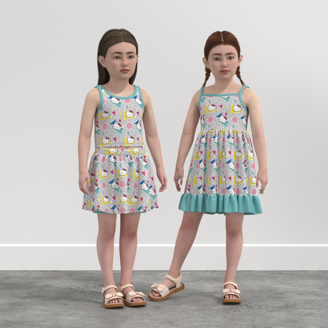 (Pre Order)Girls Summer Cartoon Print Slip Dress