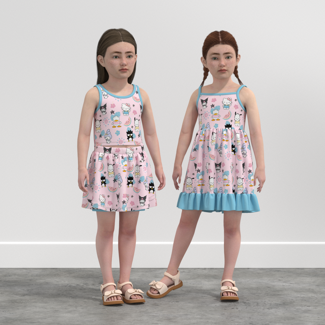 (Pre Order)Girls Summer Cartoon Print Slip Dress