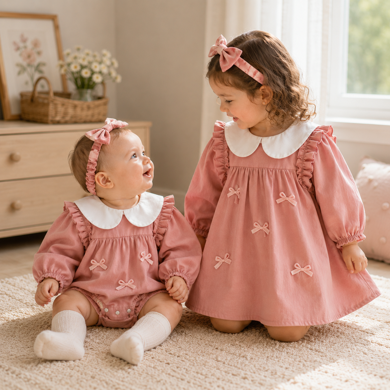 (In Production)Sisters Baby Collar Bow Dress&Romper