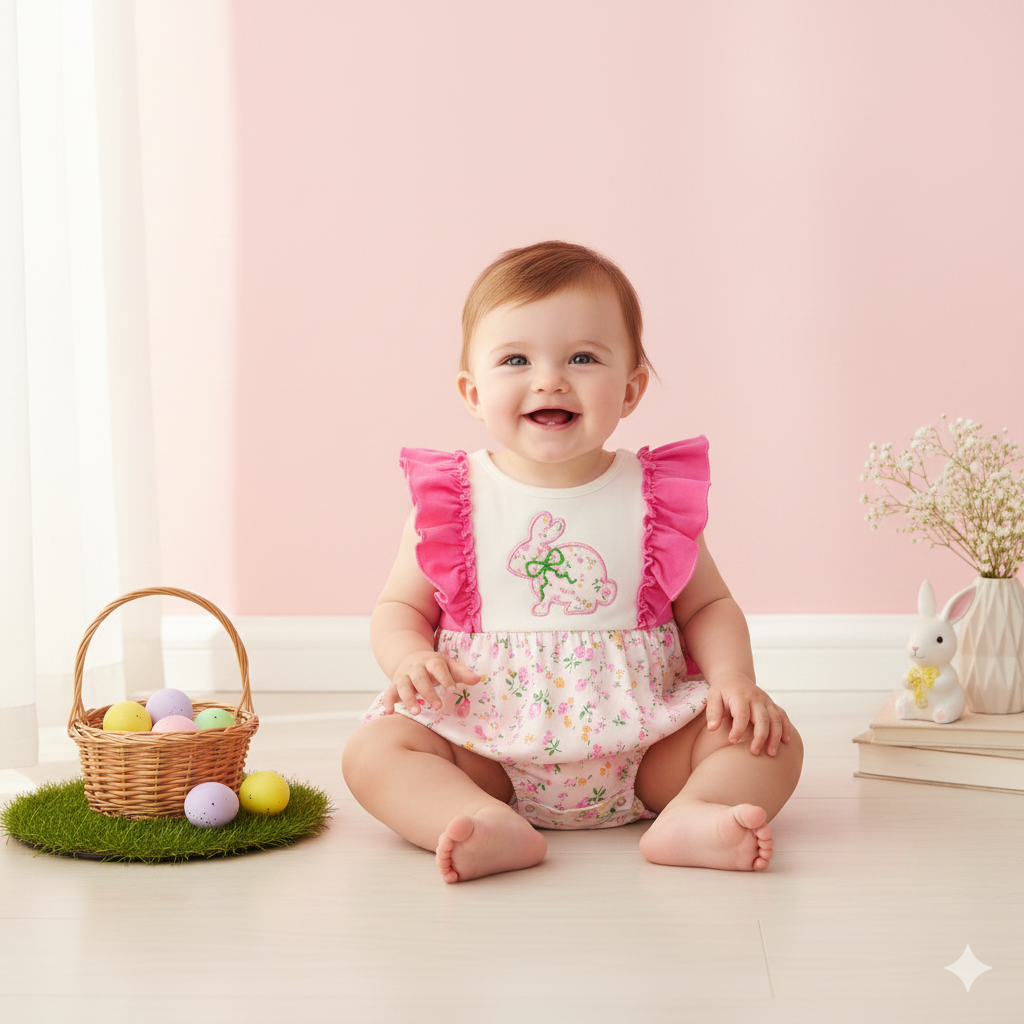 (In Stock)Toddler Girls Easter Bunny Applique Ruffle Romper